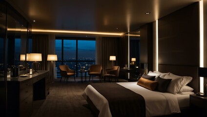 Luxury hotel room with dark tones and modern LED lighting.