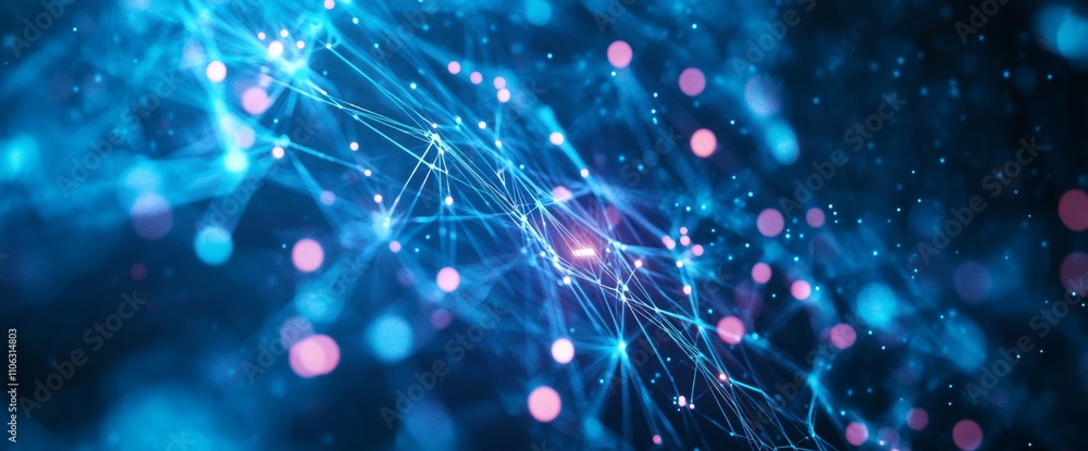 Poster vibrant network of glowing blue and pink dots interconnected by lines creates an abstract representa