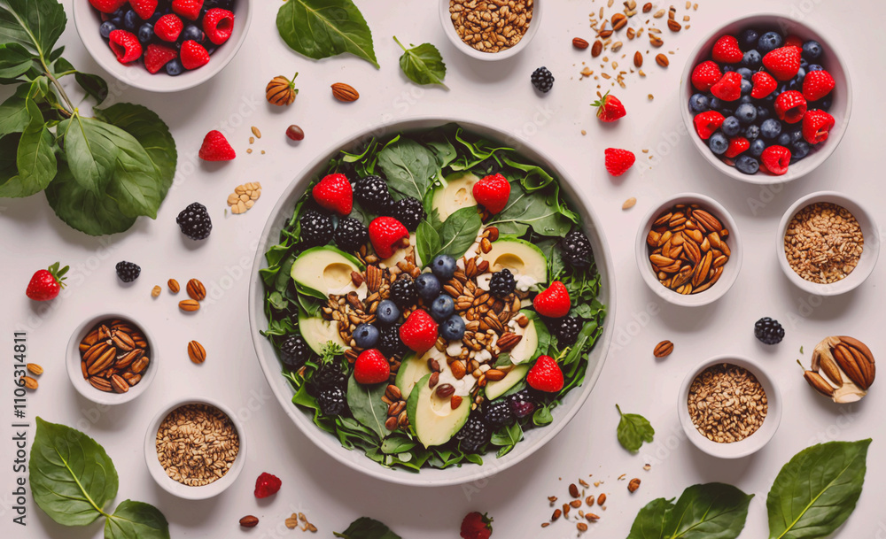 Poster Bowl of salad with nuts and berries on a table. There are several bowls of nuts and berries on the table