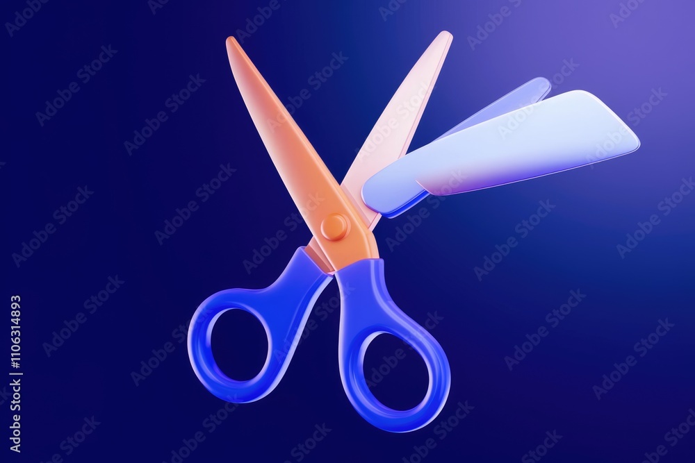 Poster 3d render of blue and orange scissors with one blade open against a dark blue background