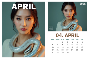 2025 April calendar page and poster in high-fashion style with Asian woman and silver Boa Snake coiled around her neck against pastel cyan backdrop with soft lightening, symbolizing Year of the Snake