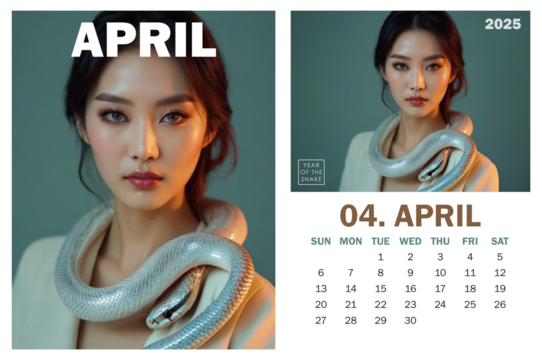 2025 April calendar page and poster in high-fashion style with Asian woman and silver Boa Snake coiled around her neck against pastel cyan backdrop with soft lightening, symbolizing Year of the Snake