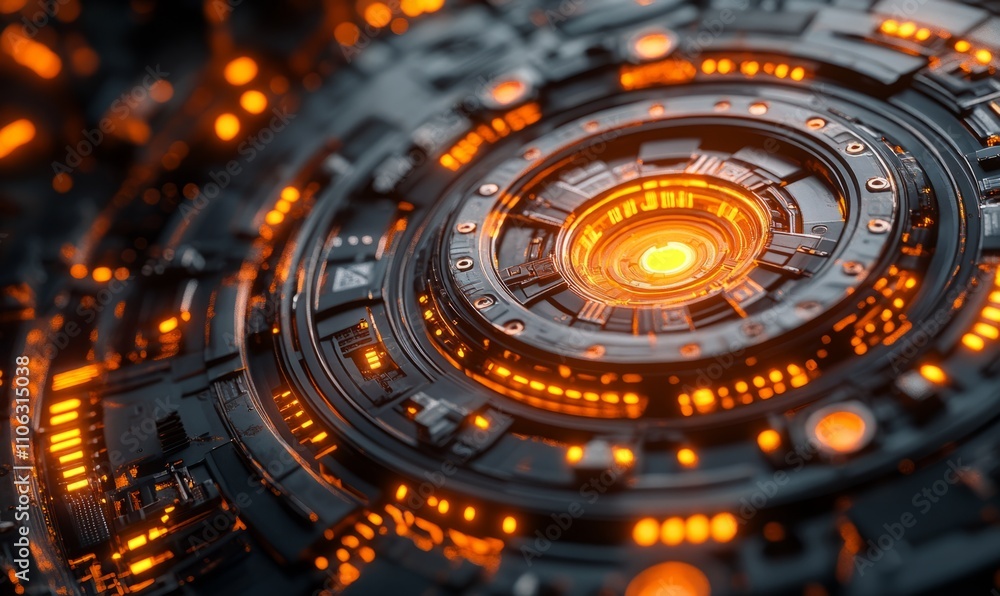 Poster a close-up view of a futuristic, glowing circular mechanism, with intricate details and warm orange 