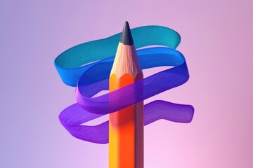Colorful ribbons adorn vibrant pencil  symbolizing artistic expression.