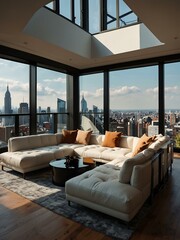 Luxury penthouse with a cityscape view.