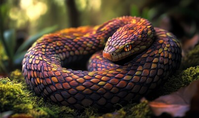 Fototapeta premium A coiled snake with intricate patterns and vivid colors blends into the forest floor, observing its surroundings