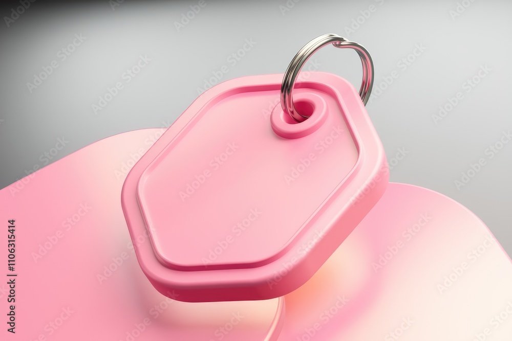 Poster Pink hexagonal key tag with a metallic ring  minimalist design  blank