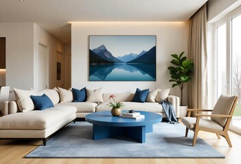 a room with a wall of blue and yellow pillows and a blue and white chair with a blue and white circle on the wall.