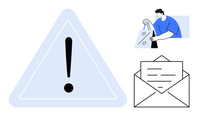 Exclamation mark inside warning triangle, person handling shopping bag, open mail envelope with document. Ideal for notifications, online shopping, delivery alerts, safety warnings, important