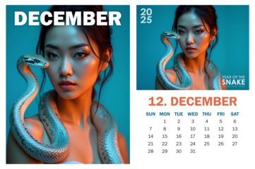 Template of 2025 December calendar page and trendy high-fashion poster with neon futuristic portrait of Asian woman and silver snake coiled around her neck against cyan background. Year of the Snake