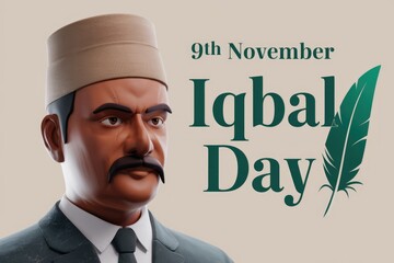 3D illustration of Allama Iqbal on Iqbal Day  November 9th  celebrating his life and works