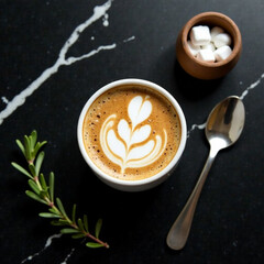 Minimalist top-down view of a coffee cup with foam art on sleek black marble, accented by a silver spoon, sugar cubes, and fresh rosemary. Modern, elegant, and monochromatic with natural touches.