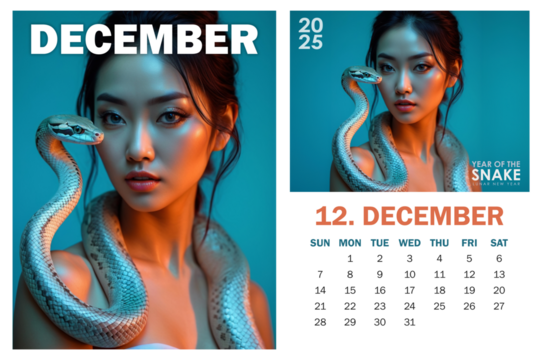 Template of 2025 December calendar page and trendy high-fashion poster with neon futuristic portrait of Asian woman and silver snake coiled around her neck against cyan background. Year of the Snake - Powered by Adobe