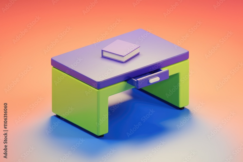 Aufkleber A vibrant 3D render of a small desk with a book on top and a drawer