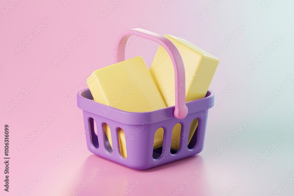 Aufkleber a purple shopping basket contains two yellow blocks creating a minimalist 3d render