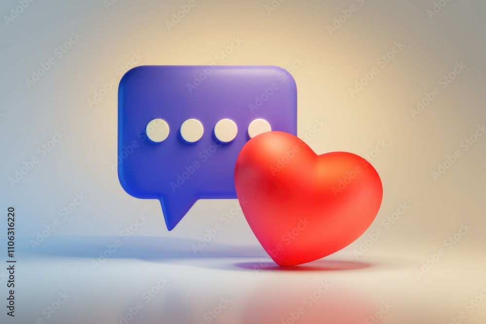 Poster 3d render of a purple speech bubble with a red heart symbolizing love and communication