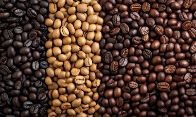 Light, medium, and dark roast beans flowing from a modern roaster, with each bean type distinct color and texture showcased in vibrant detail