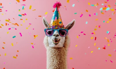 Llama in a colorful party hat and sunglasses with confetti on a pink background. Fun, quirky celebration with a humorous twist.