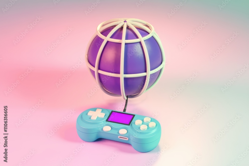 Poster A 3D render of a purple globe connected to a light blue game controller  symbolizing global gaming
