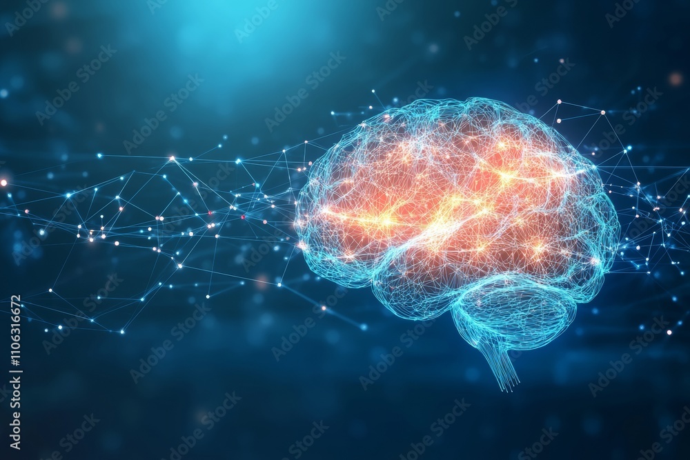 Poster visual representation of a brain formed by glowing connections and nodes, illustrating neural pathwa