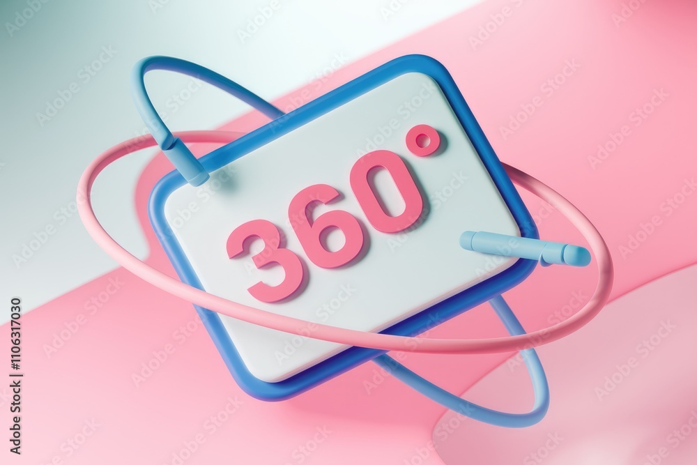 Poster a pastel colored 360 symbol floats in a playful abstract setting