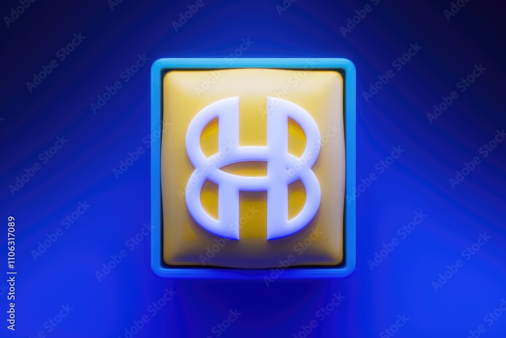 Poster a vibrant yellow button with a white stylized 'h' inside a blue frame