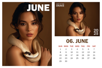 2025 June calendar page featuring serene woman with python snake draped around her shoulders, symbolizing Year of the Snake. Magazine cover, high fashion poster, planner design, advertising, promo