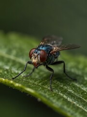 Fototapeta premium Macro of a condylostylus fly on a leaf.