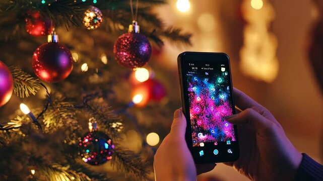 Festive phone display in front of ornate christmas tree with illuminated decorations