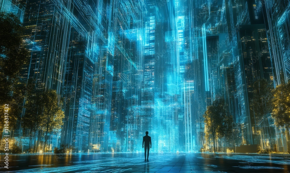 Poster futuristic digital landscape with blue light streams and circuit patterns