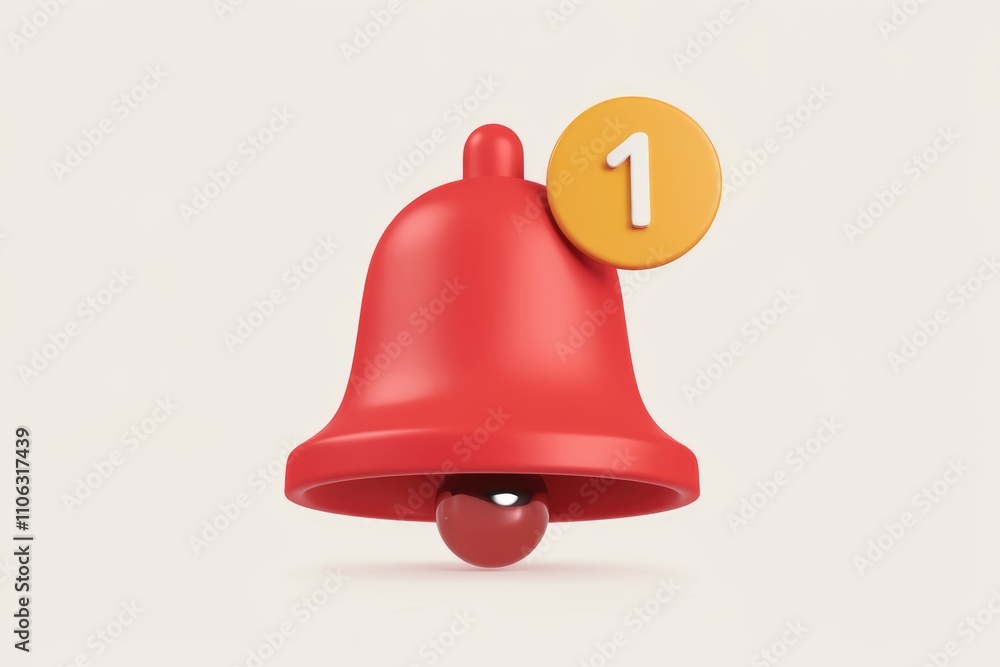 Aufkleber a 3d red bell with a yellow notification badge showing one new notification
