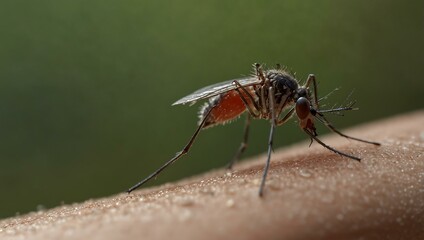 Macro photo of a mosquito perched on a finger.