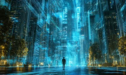 Futuristic digital landscape with blue light streams and circuit patterns