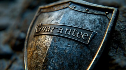 A shield with the word "Guarantee" embossed on it, strong, protective, metallic texture
