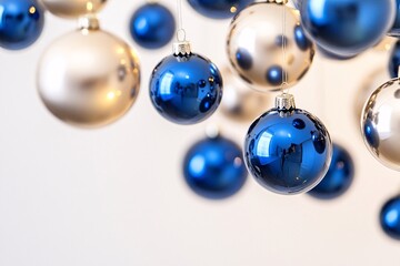 Fototapeta premium Deep blue and champagne metallic baubles with glossy finishes, artistically floating in mid-air, illuminated by gentle warm lighting, white background for a chic vibe 3