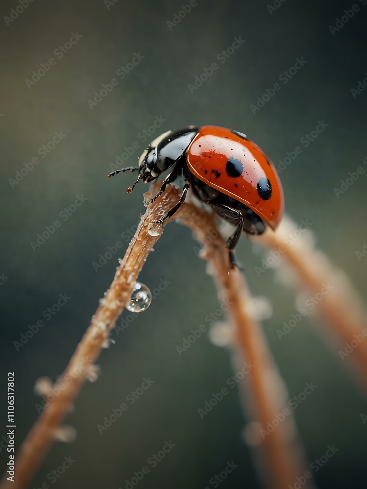 Poster macro shot of a ladybug on a dry stem in a double exposure.