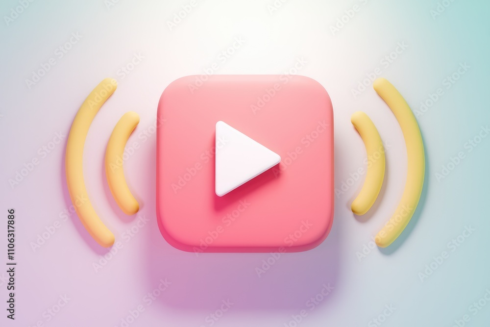 Poster A 3D render of a pink play button with yellow wifi signals  symbolizing online video streaming