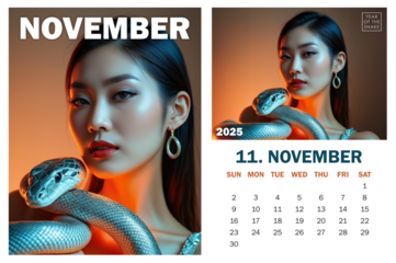 2025 November calendar page and poster in high-fashion style with Asian woman and silver Boa Snake coiled around her neck against brown backdrop with neon lightening, symbolizing Year of the Snake