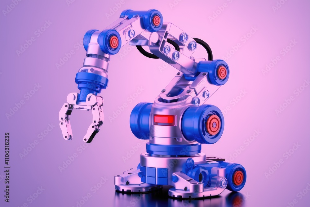 Poster a 3d render of a futuristic robotic arm metallic silver and blue isolated on a purple background