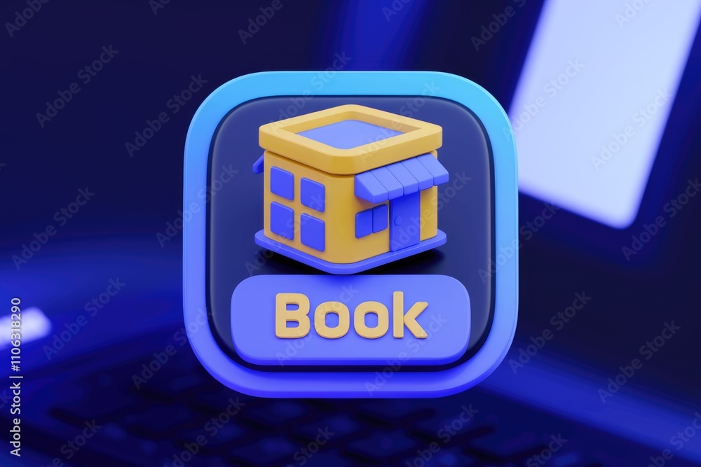Aufkleber 3D render of a bookable shop icon  showcasing a small building with a book button
