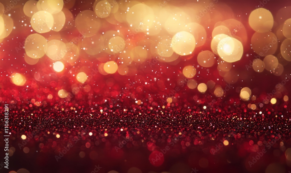Poster golden particles create a beautiful bokeh effect on a vibrant red background. perfect for festive pr
