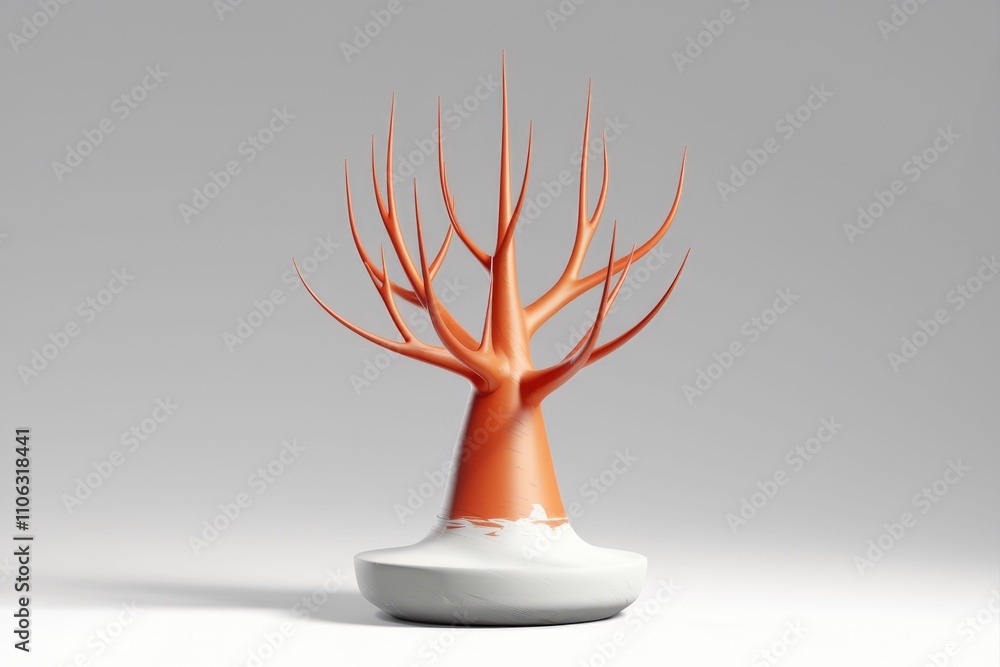 Poster abstract orange tree sculpture with a white base minimalist design