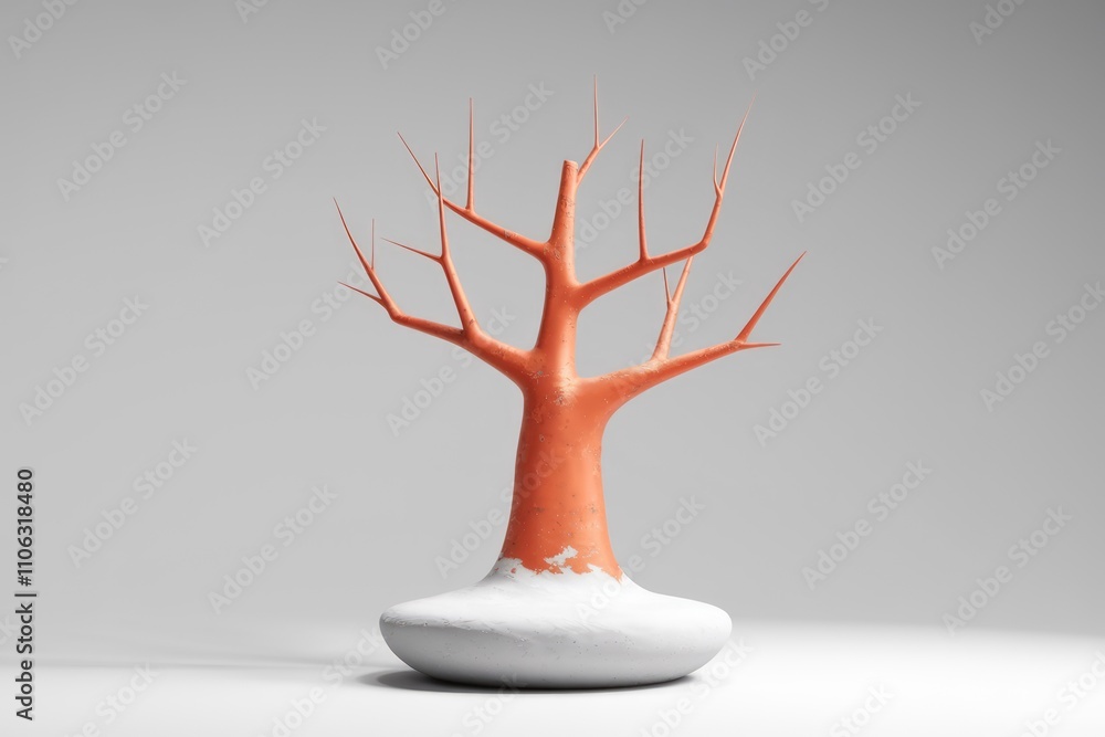 Poster stylized coral colored tree model on a white base digitally rendered