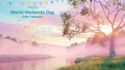 Serene wetlands sunrise scene with birds flying  celebrating World Wetlands Day on February 24th
