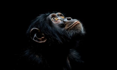 Fototapeta premium A contemplative ape with striking golden eyes gazes upward, highlighted against a deep black background