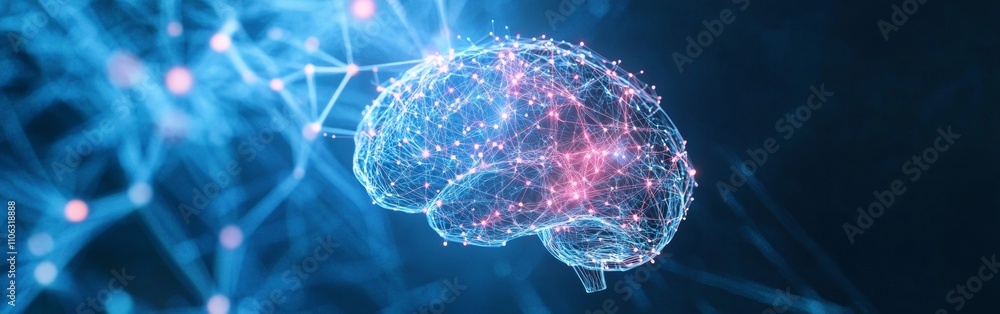 Poster a blue and pink digital model of a brain showcases neuron connections and pathways, highlighting the