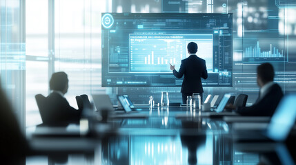 Business Presentation with Futuristic Data Analytics Dashboard in a Modern Corporate Office Setting. Image Made Using Generative AI