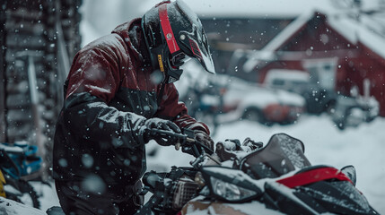 Obraz premium Snowmobile Rider Prepares Machine in a Snowy Rural Setting with Falling Snow. Image made using Generative AI