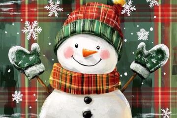 A snowman with rosy cheeks, a carrot nose, green mittens, white snowflakes falling, plaid green and red background, vibrant cartoon style 1