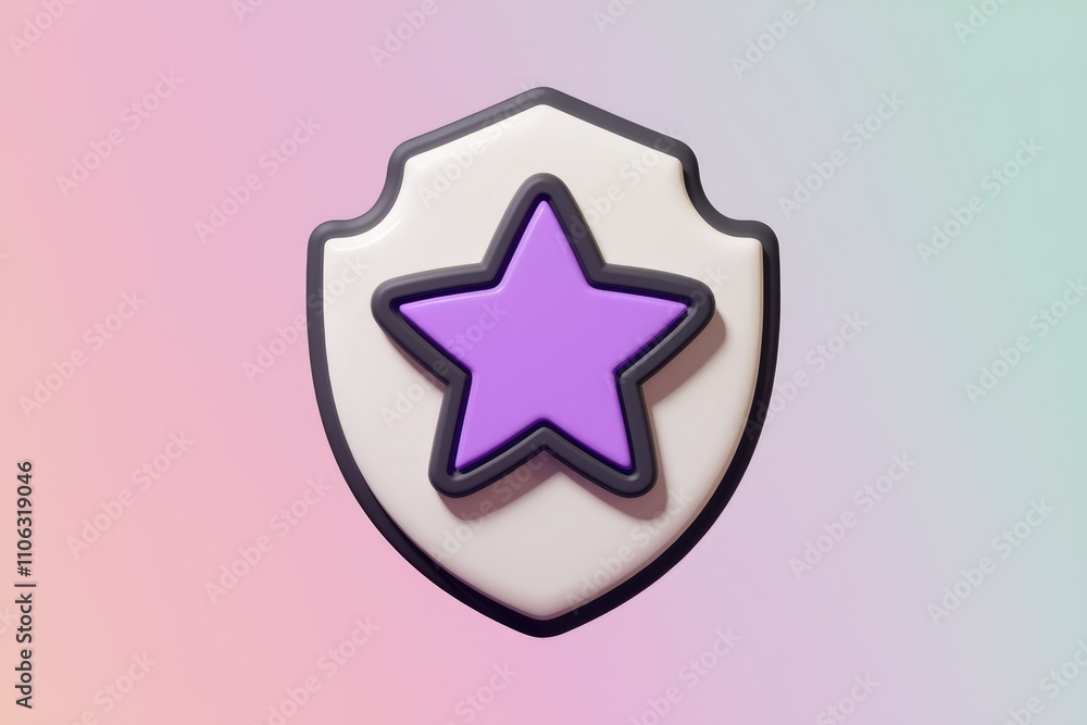 Poster a 3d render of a shield with a purple star symbolizing protection and quality